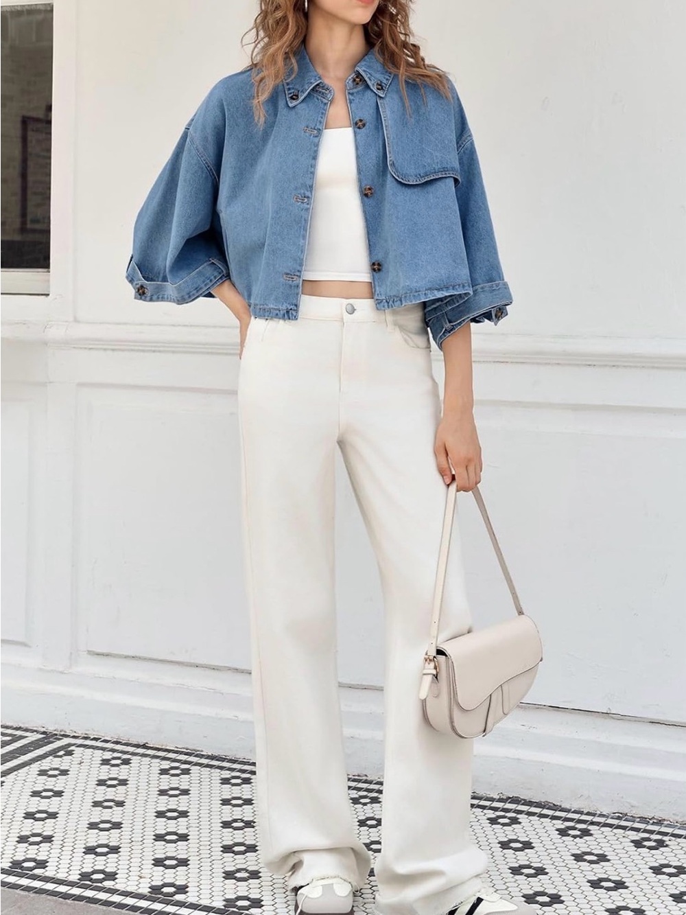 Cropped Denim Cape Jacket 3/4 Sleeve Oversized Jean Jacket Size M